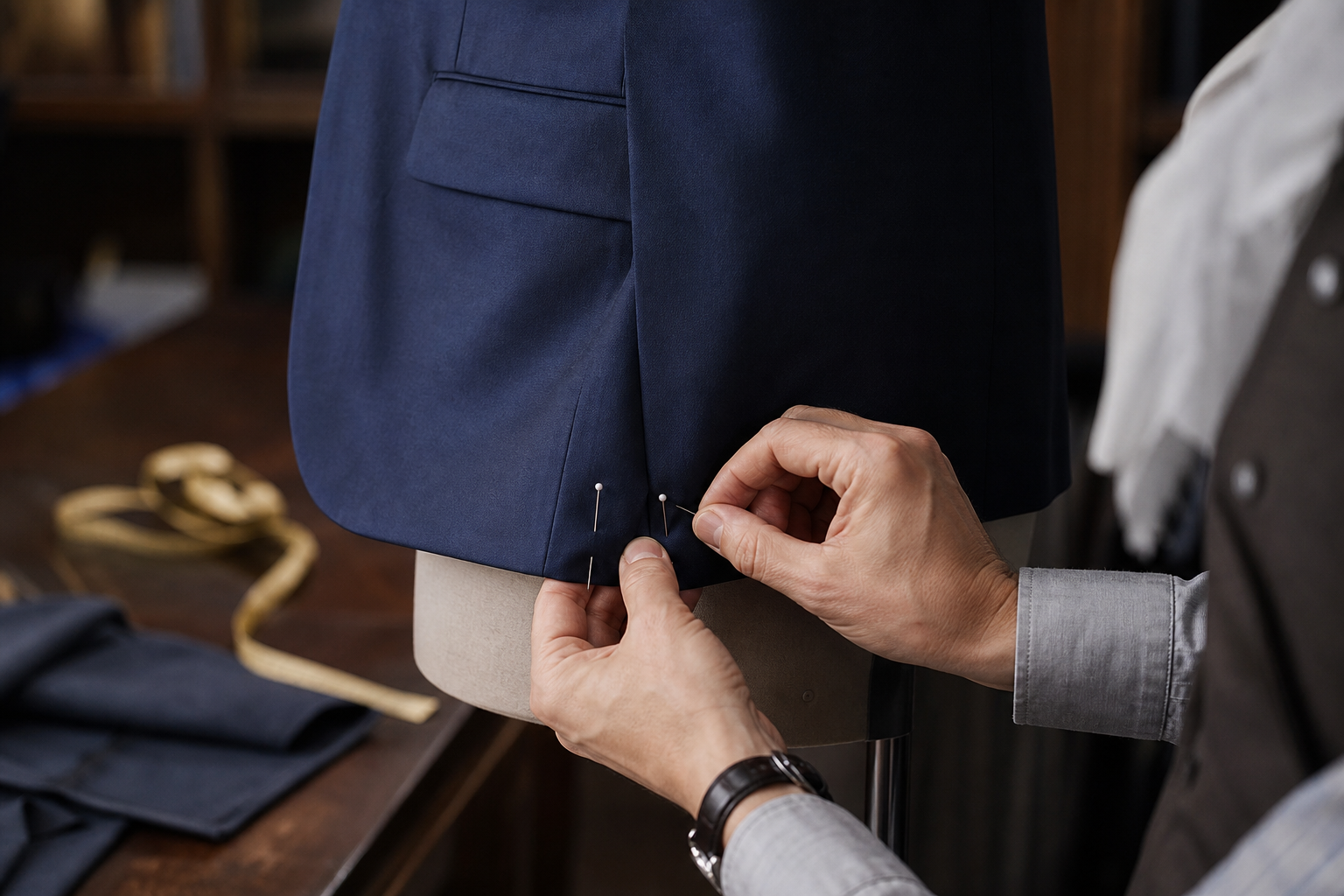 Hands pinning the hem of a navy suit jacket on a dress form