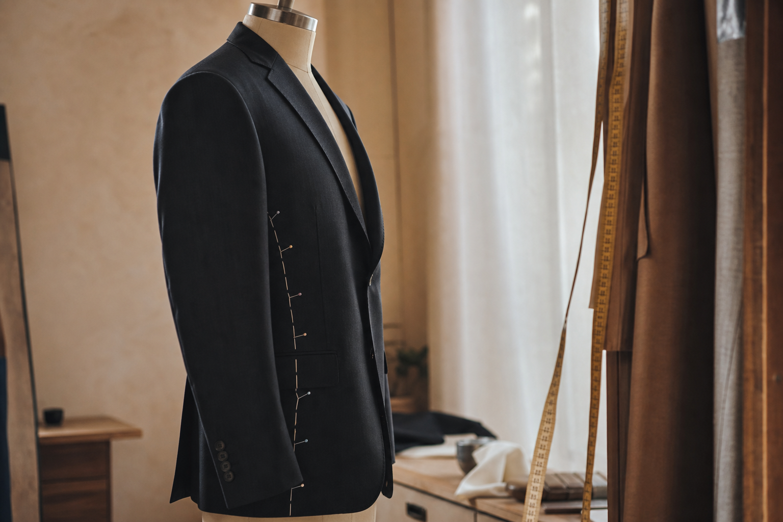 Tailor marking a garment hem with pins and measuring tape