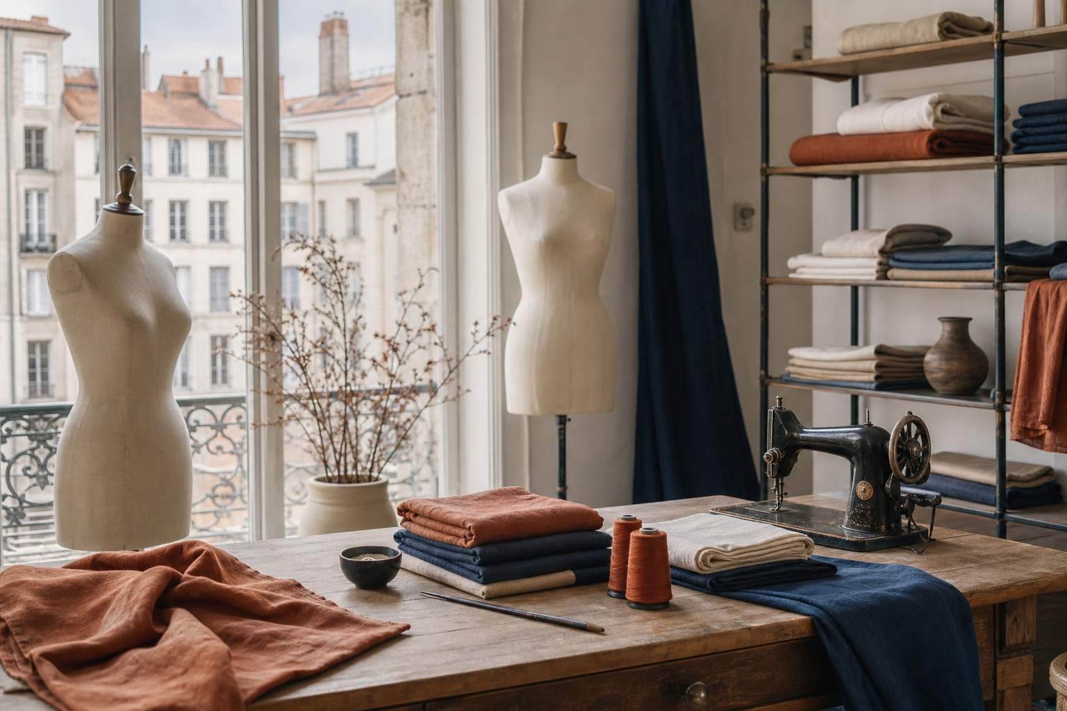 Atelier workbench with sewing machine, linen stacks and dress forms