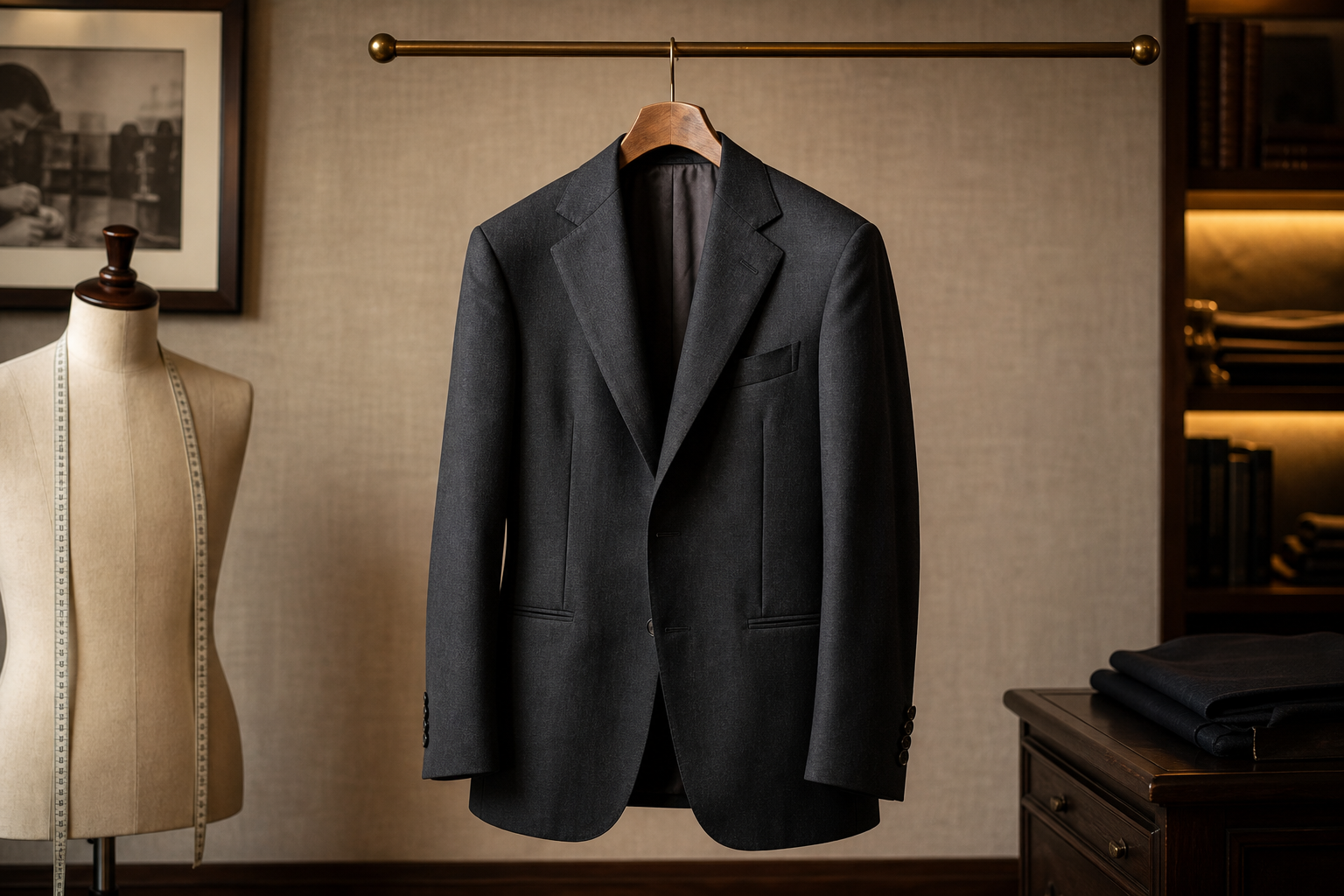 Tailored suit jacket and trousers on a dress form