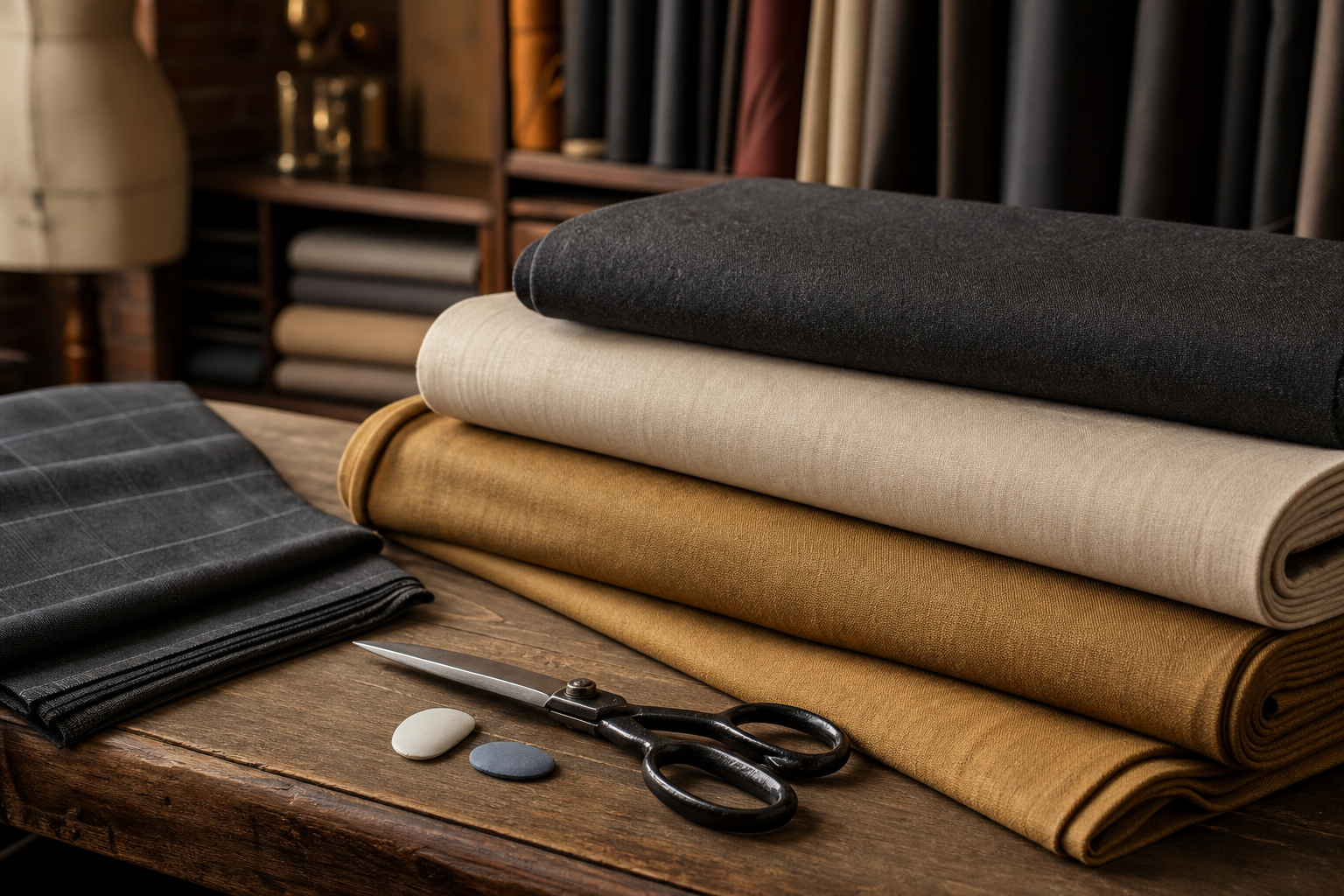 Fine fabrics and eveningwear materials in the atelier