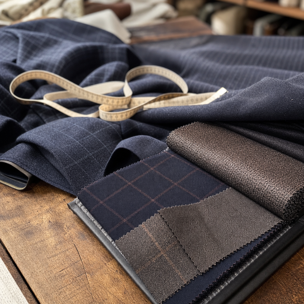 Fabric scissors and cloth on the tailor's table