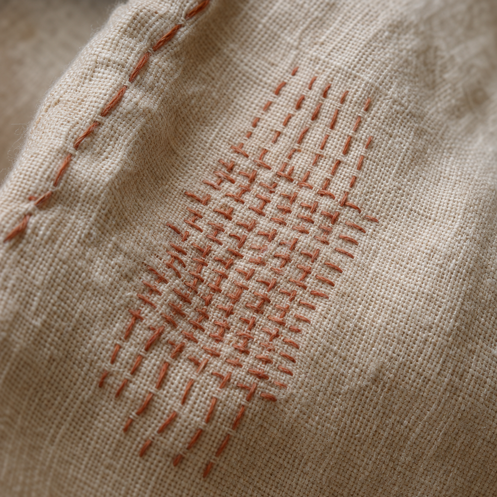 Close hand stitching on fabric at the workbench