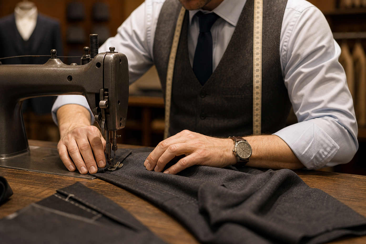 Tailor sewing a charcoal wool garment at the atelier machine