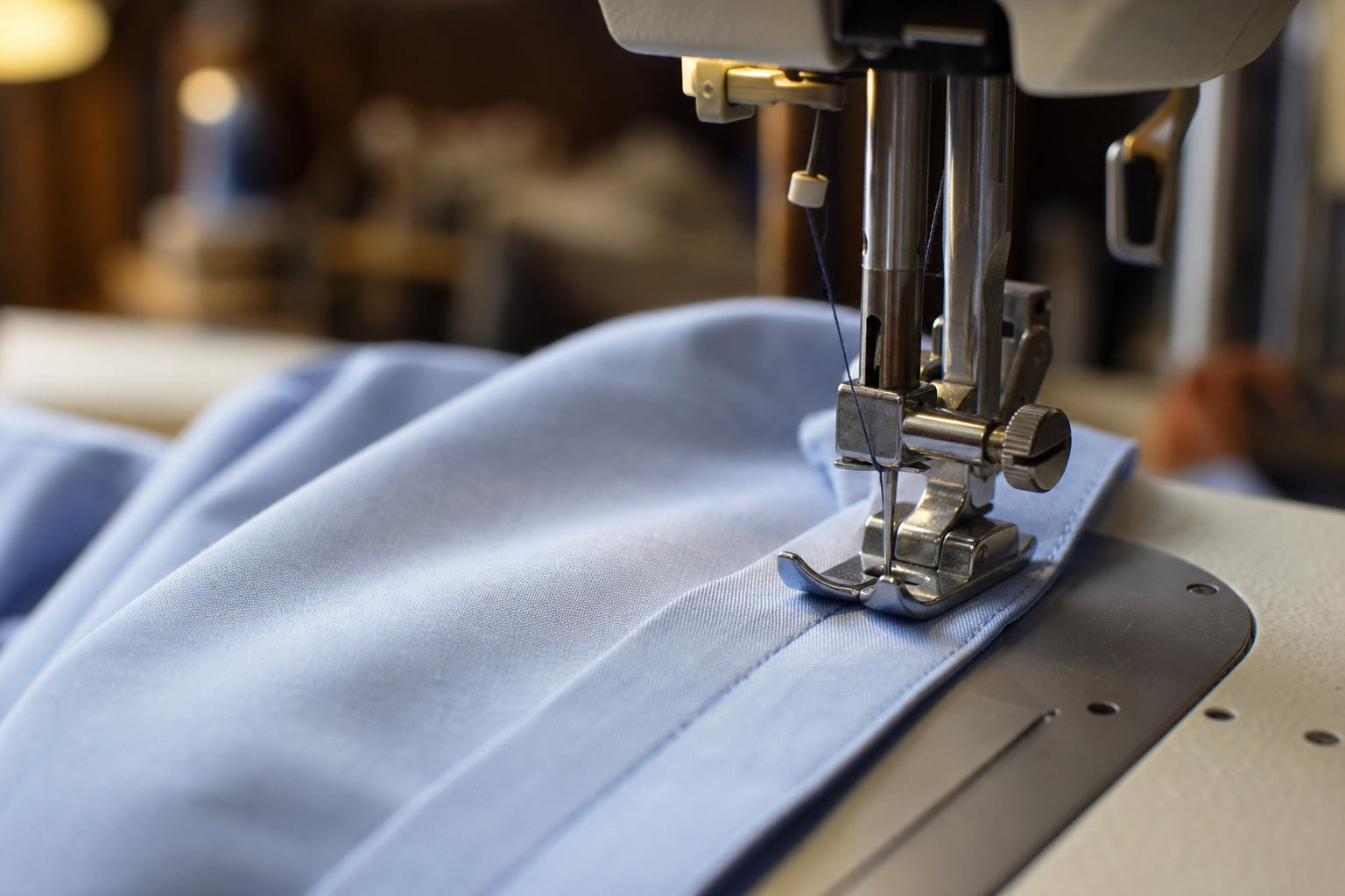 Close-up of a sewing machine stitching light blue garment fabric