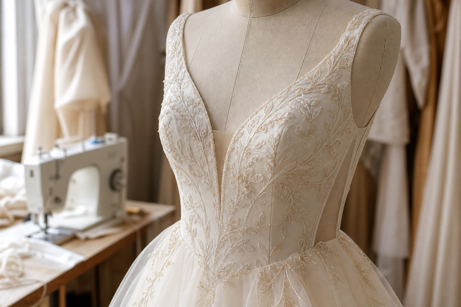 Ivory bridal gown on a dress form in the sewing atelier